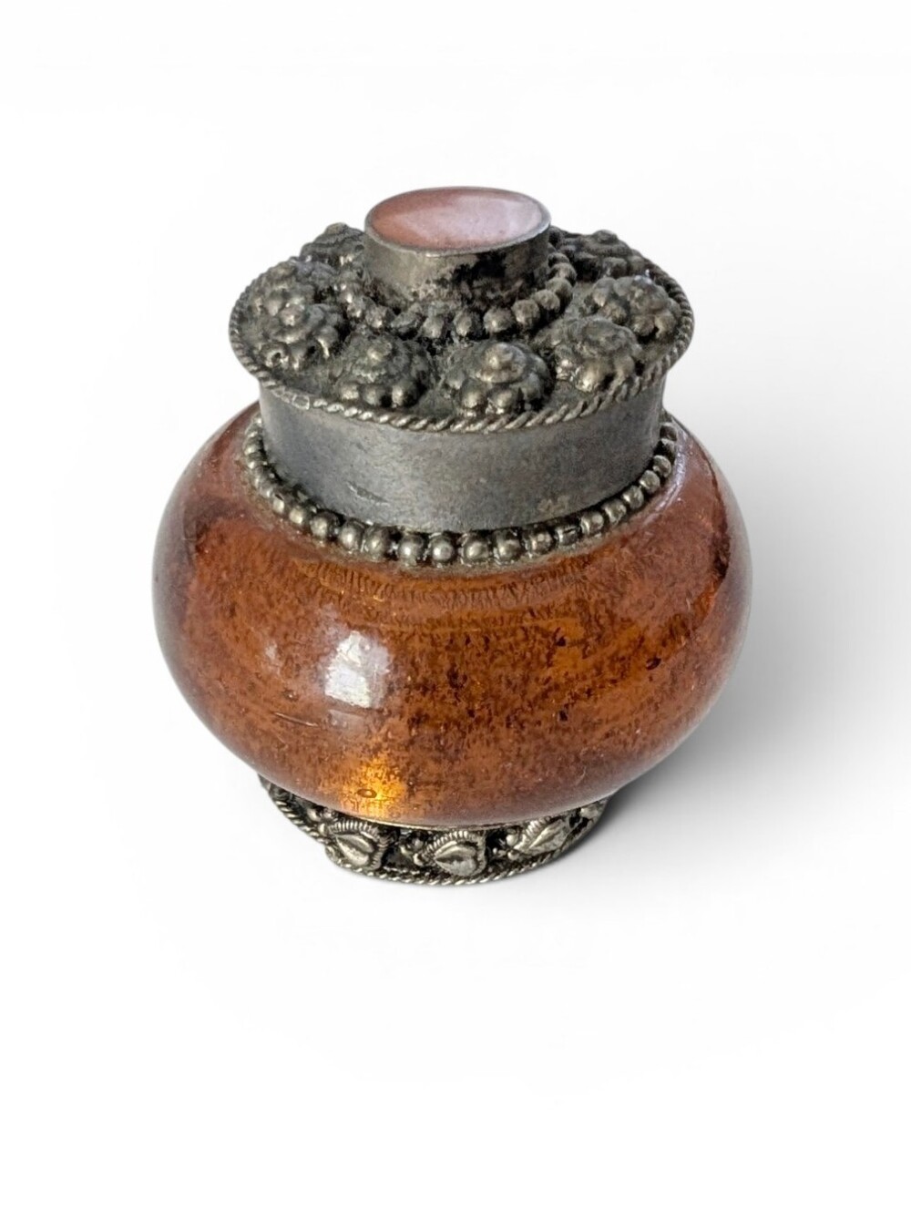 VINTAGE Amber Glass Accent Jar Ornate Silver Moulding